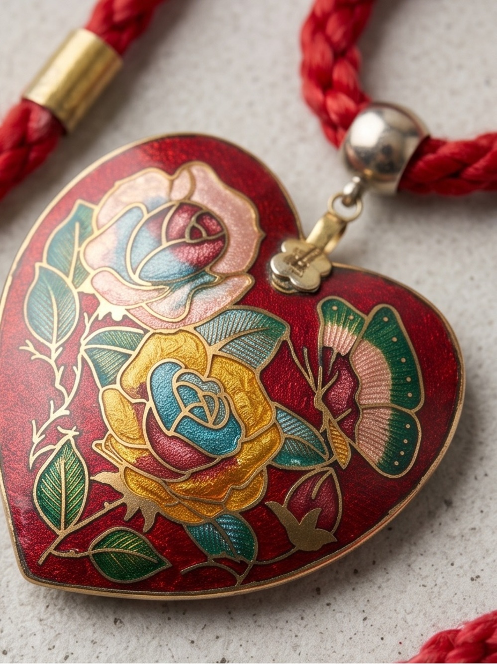 Cloisonne Enamel Rose Heart Vintage Necklace Braided Red Soft Material
